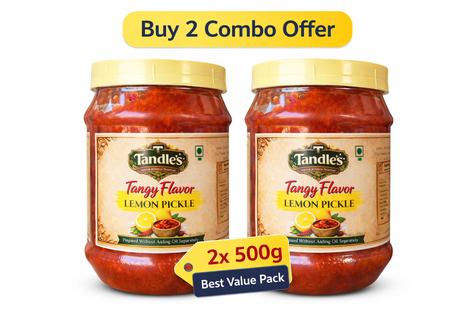 Tandle’s Zero Oil Lemon Pickle Combo Family Pack (2 × 500g)
